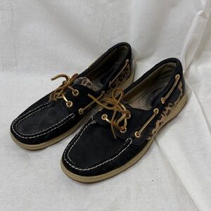 Sperry Topsider Loafer Boat Shoes Black Leopard Gold Women’s 8